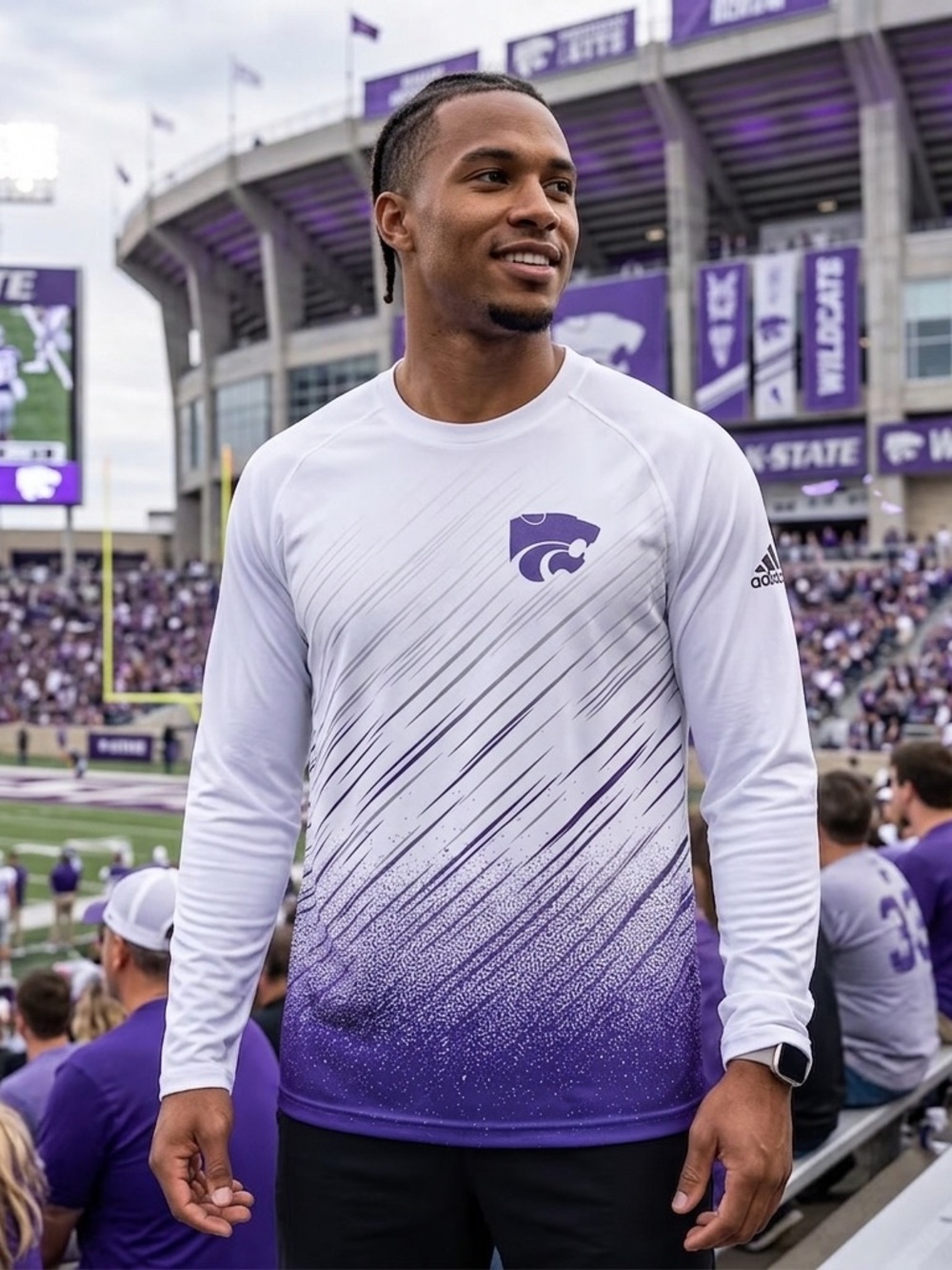 Kansas State Adidas Ultimate Tee White w/ Purple Graphic Long Sleeve Logo Medium